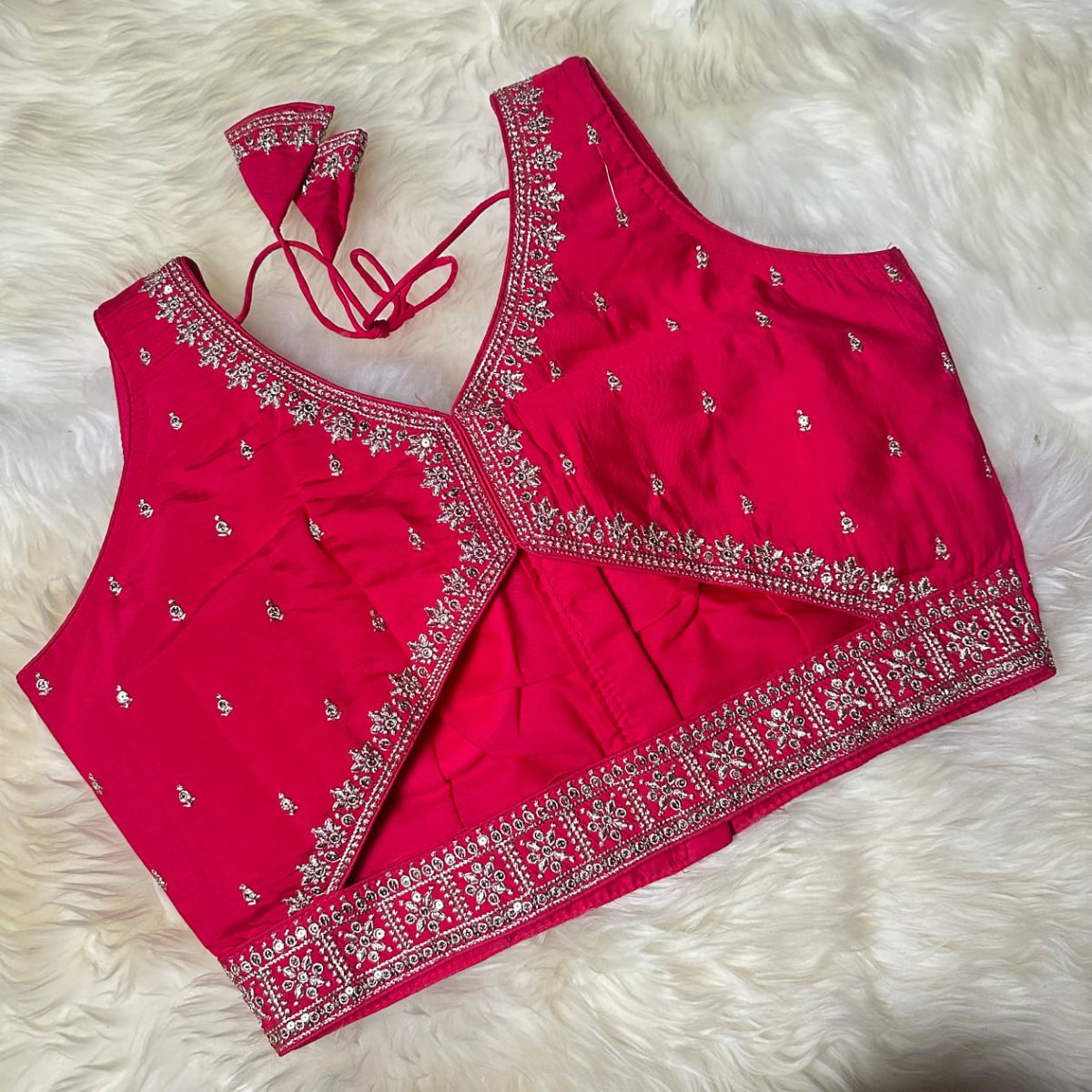 Pink Silk Blouse with Sequins Embellishments, Triangle Back Neck & Waist Detailing (Size 32–40) - swadeshsouq.com