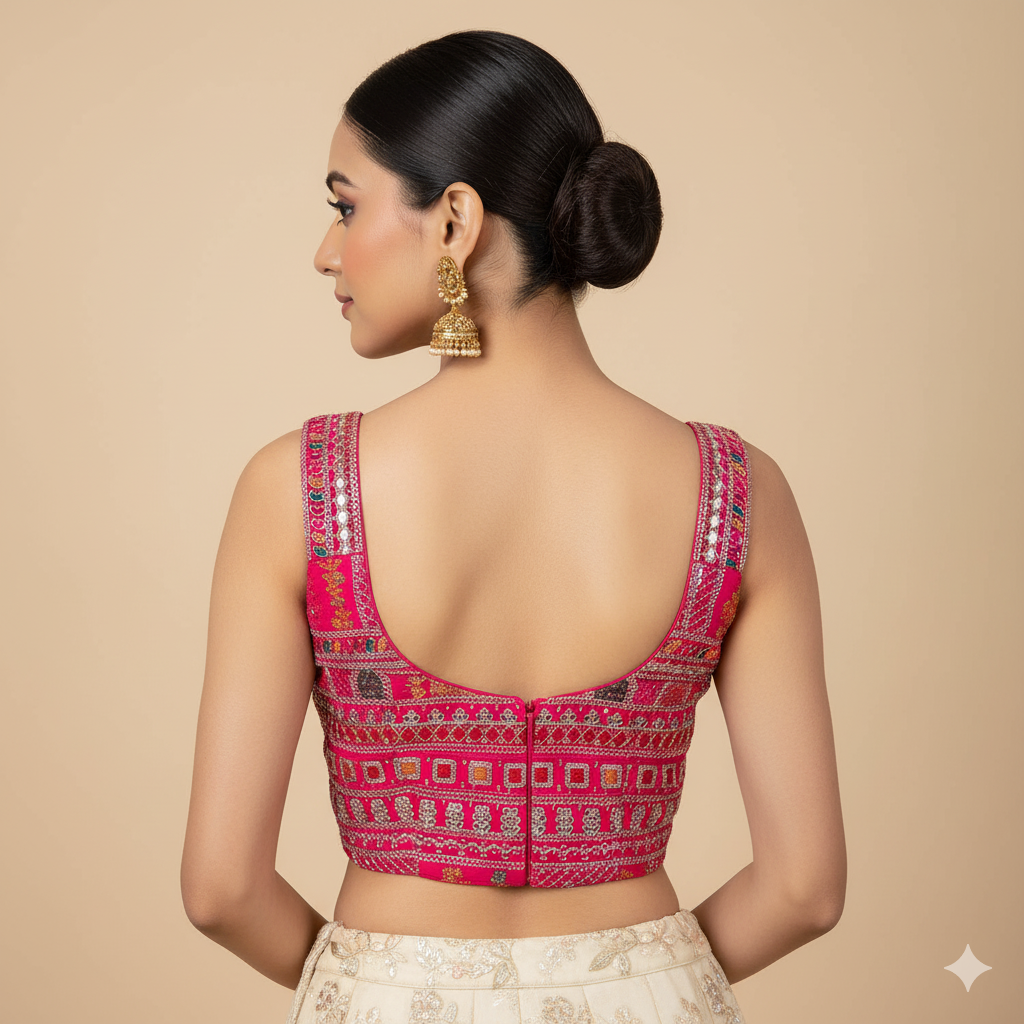 Pink Georgette Blouse with All-Over Multicolor Rajasthani Embroidery | Sleeveless (Fits 32–40)