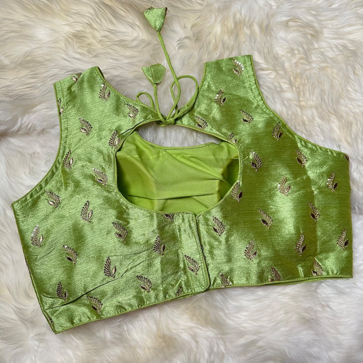 Pista Green Silk Blouse with Golden Aari Work (Size 32–38) - swadeshsouq.com