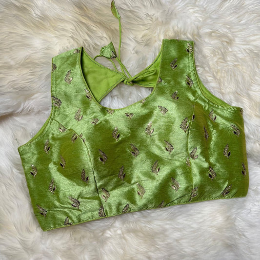 Pista Green Silk Blouse with Golden Aari Work (Size 32–38) - swadeshsouq.com