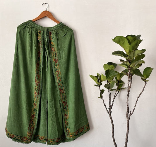 Embroidered Green Wide-Leg Pants for Women | Premium Viscose Rayon Palazzo with Artisanal Embroidery