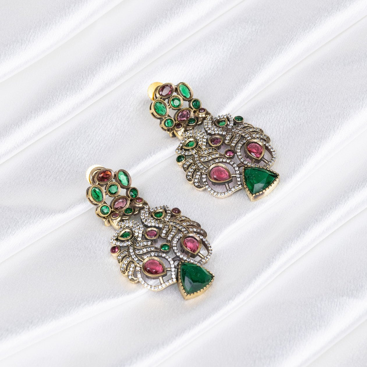 Ruby & Emerald Plume Cubic Zirconia Earrings – Exquisite Fashion Statement