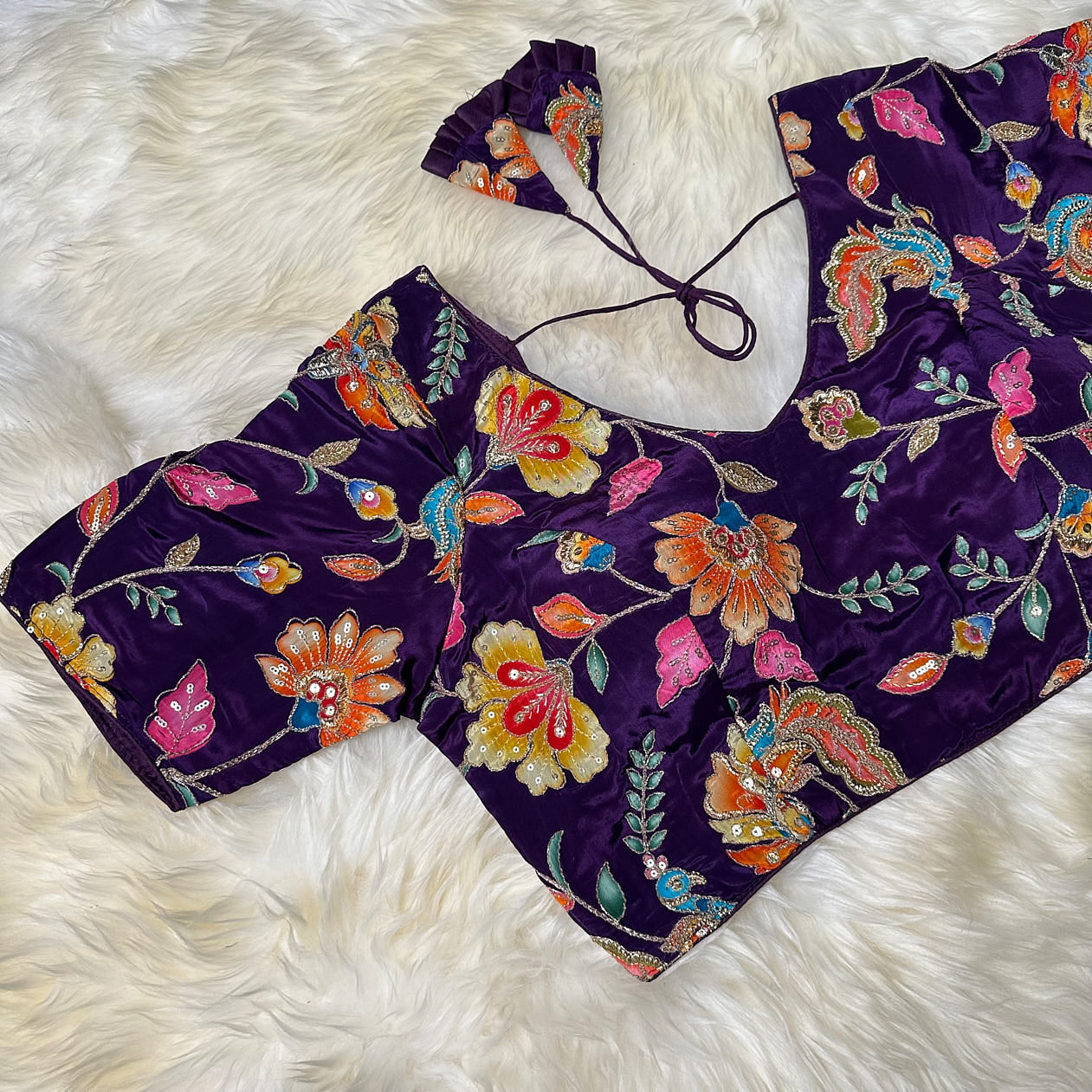 Deep Purple Viscose Crepe Blouse with Handcrafted Embroidery & Mid-Length Sleeves (Free Size 32–40)