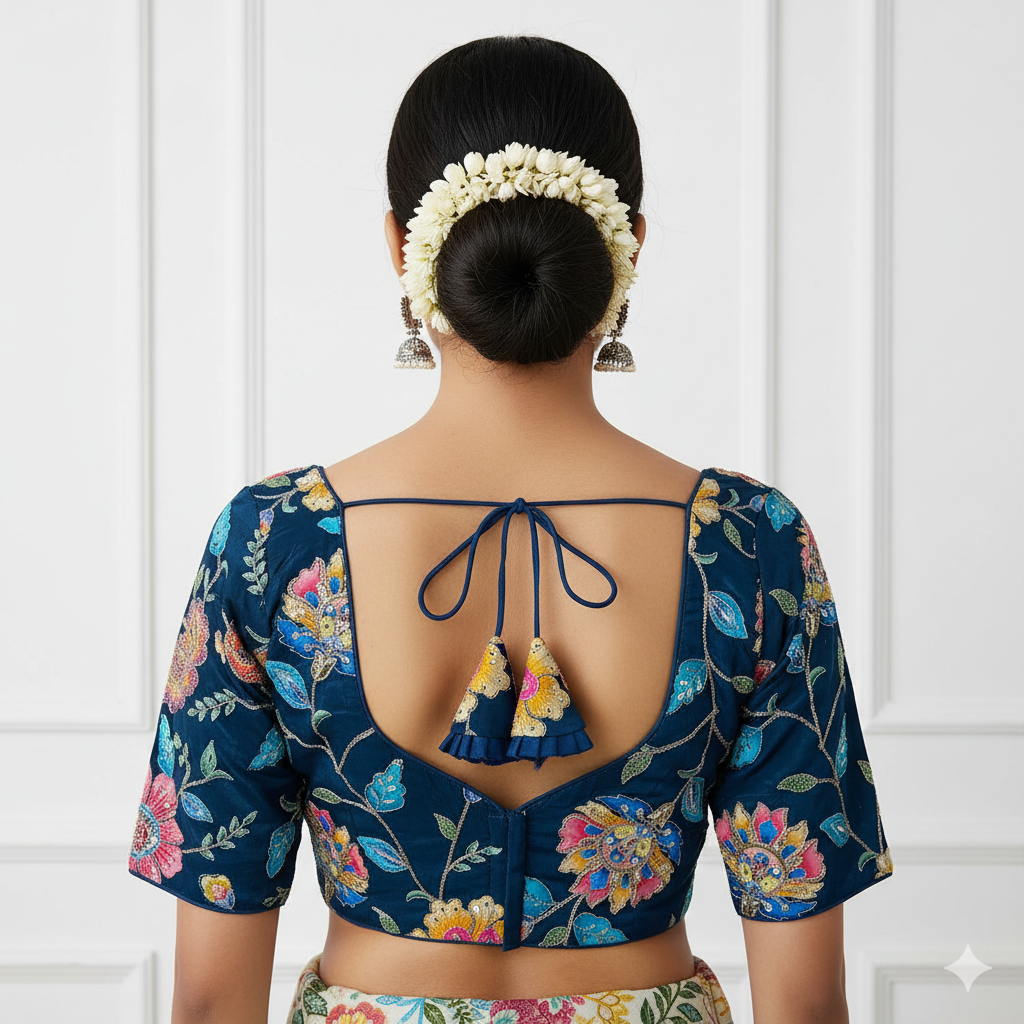 "Teal Blue" Viscose Crepe Embroidered Blouse