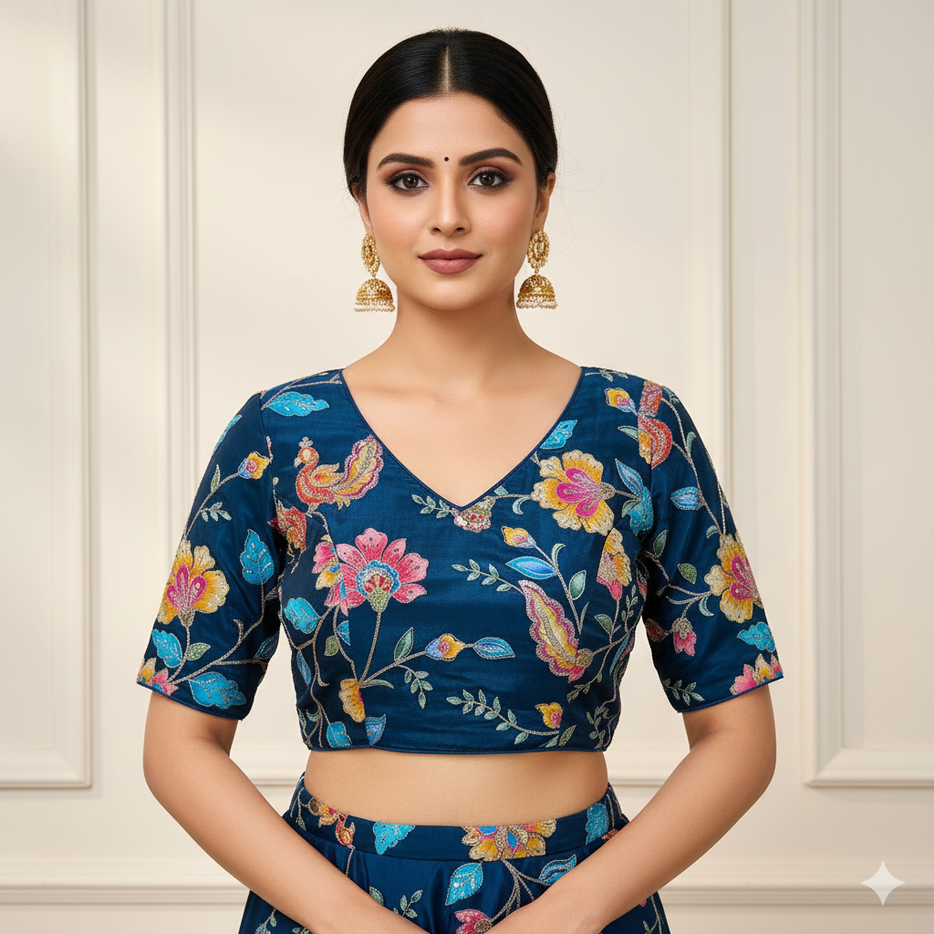 "Teal Blue" Viscose Crepe Embroidered Blouse