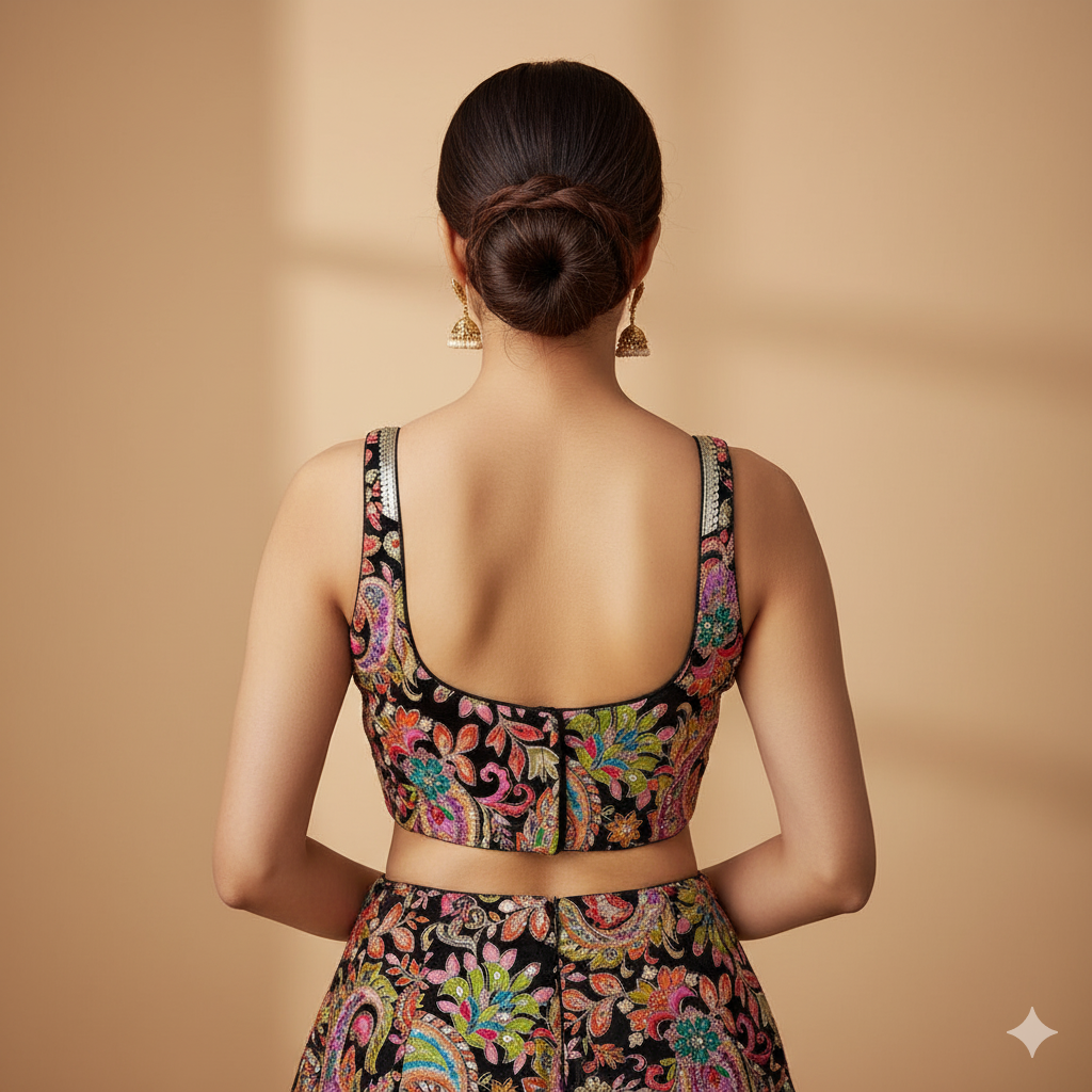 Designer Black Pure Crepe Blouse with Allover Embroidery & Position Print – Sleeveless, Size 32-40
