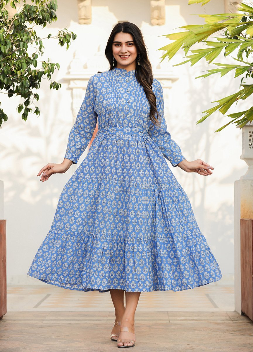 Premium Blue Delight Handblock Dress - swadeshsouq.com