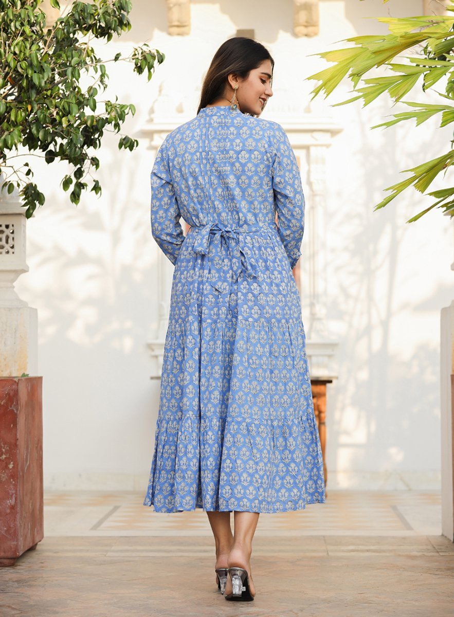 Premium Blue Delight Handblock Dress - swadeshsouq.com