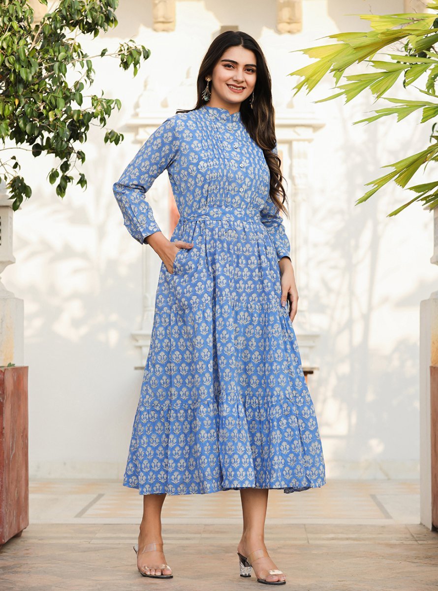 Premium Blue Delight Handblock Dress - swadeshsouq.com