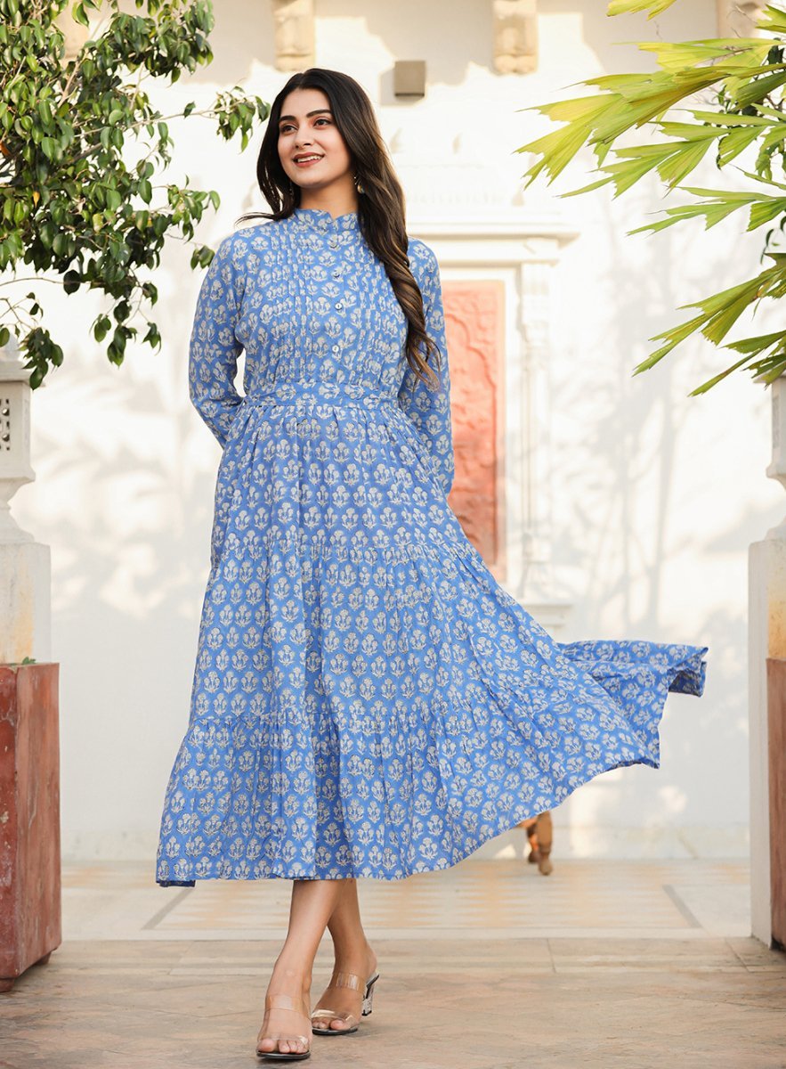 Premium Blue Delight Handblock Dress - swadeshsouq.com