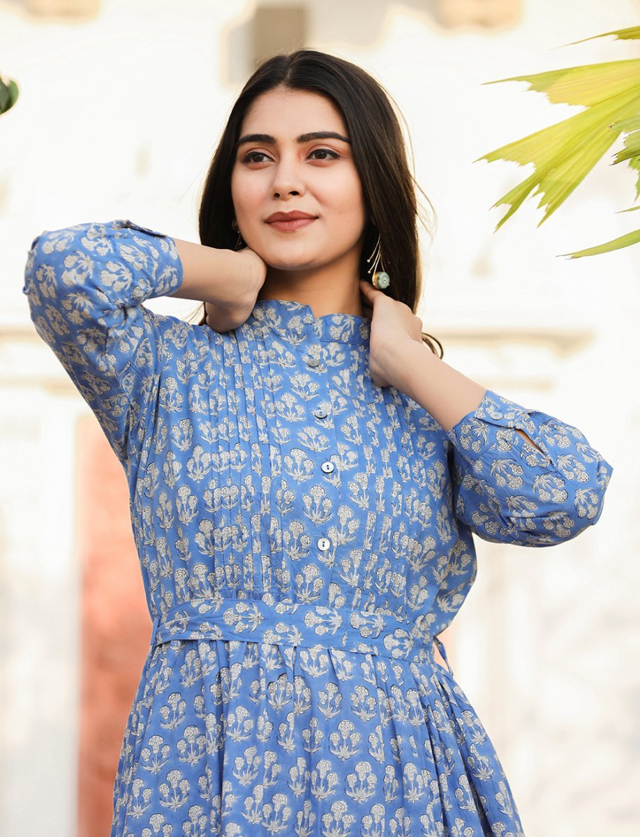 Premium Blue Delight Handblock Dress - swadeshsouq.com