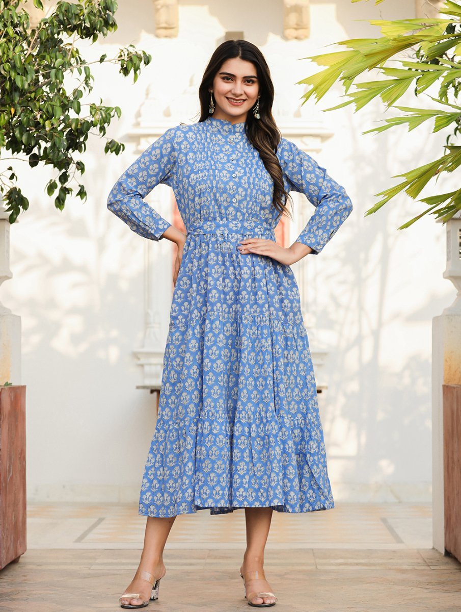 Premium Blue Delight Handblock Dress - swadeshsouq.com