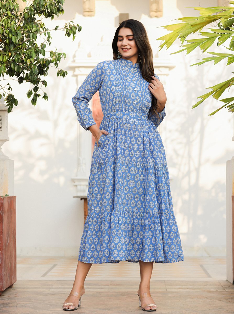 Premium Blue Delight Handblock Dress - swadeshsouq.com