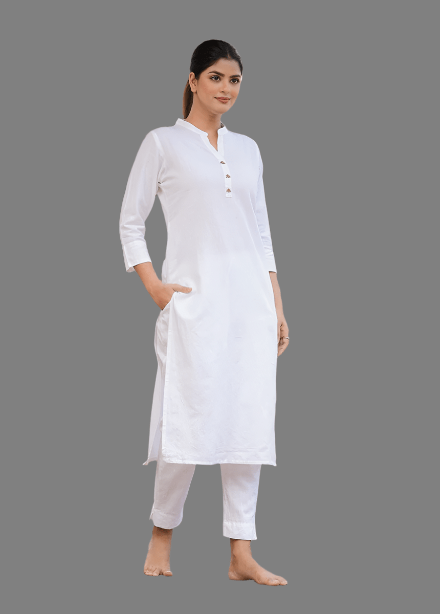 Pure Essence White Solid Cotton Casual Kurta Set - swadeshsouq.com