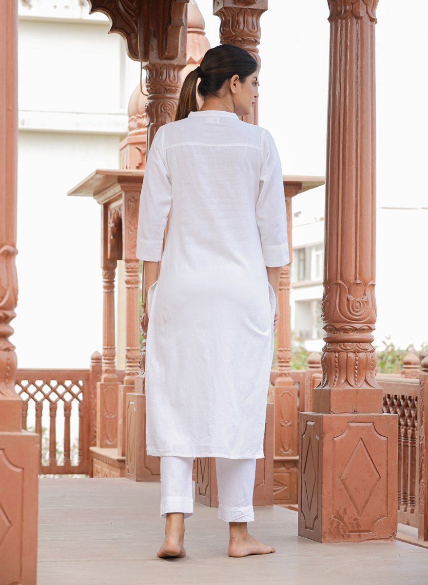 Pure Essence White Solid Cotton Casual Kurta Set - swadeshsouq.com