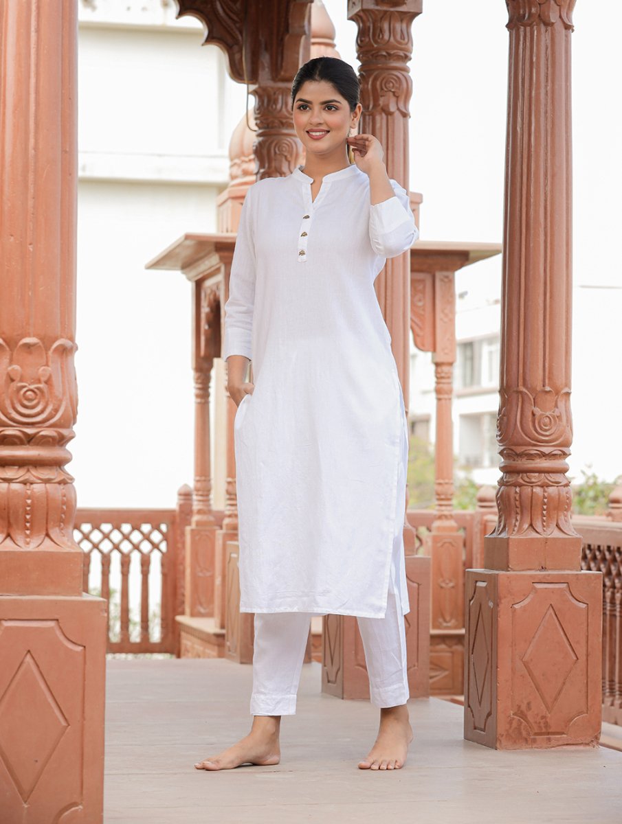 Pure Essence White Solid Cotton Casual Kurta Set - swadeshsouq.com