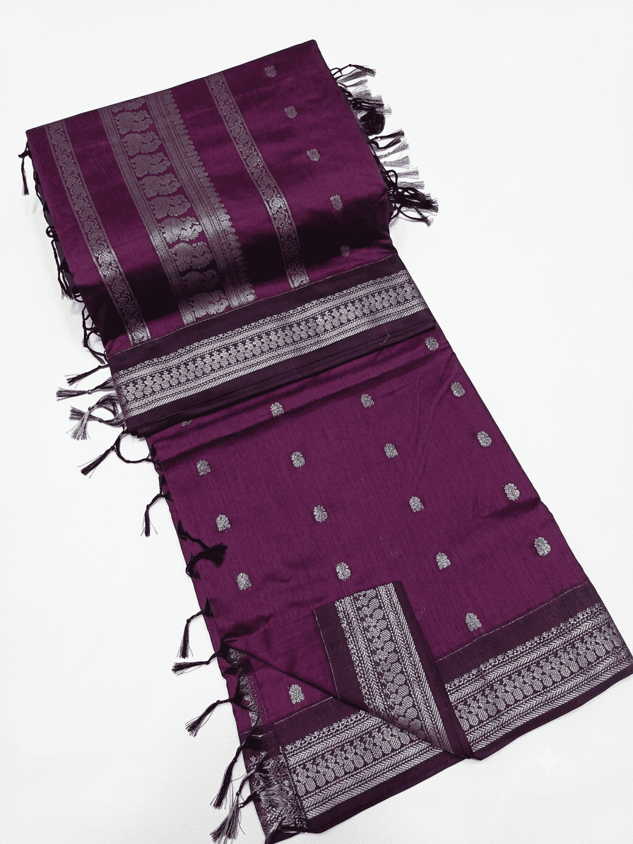 Royal Purple Kalyani Silk Cotton Saree with Peacock Silver Zari Border & Elegant Buttis