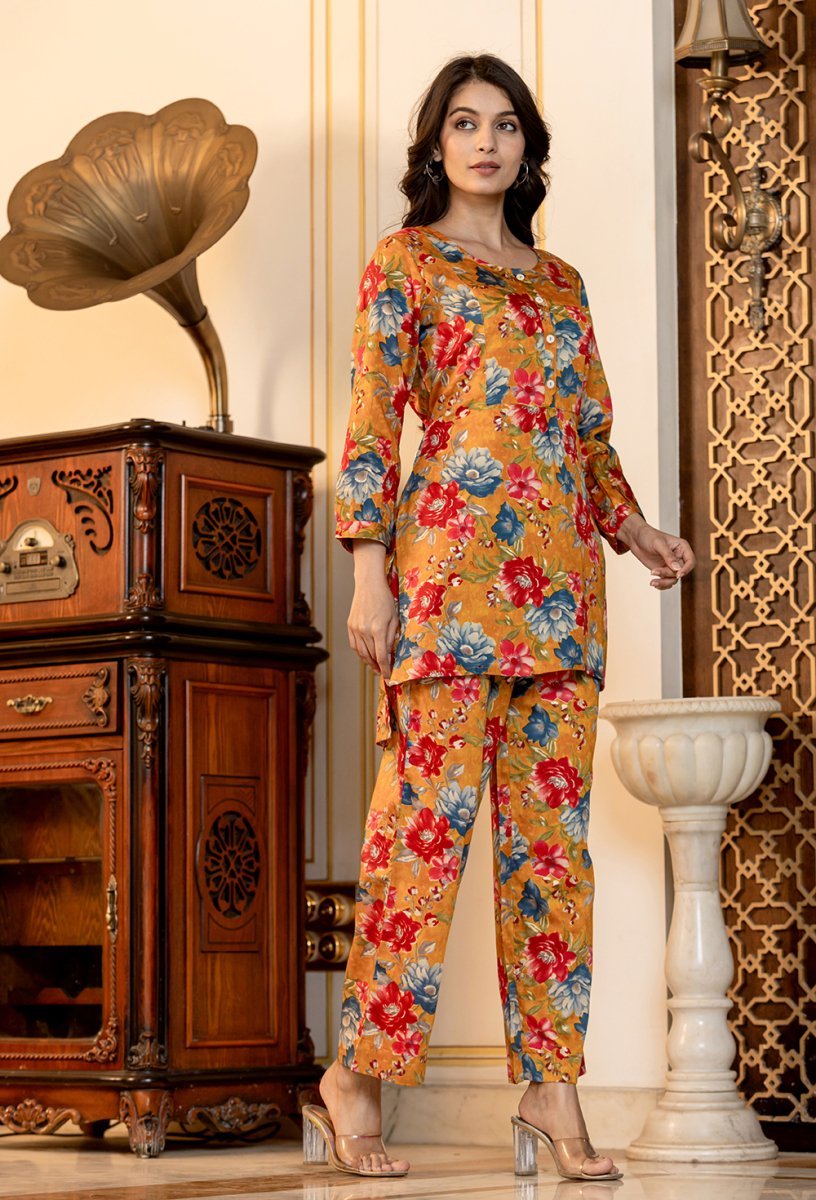 Radiant Orange Floral Printed Butter Cotton Co - Ord Set - swadeshsouq.com