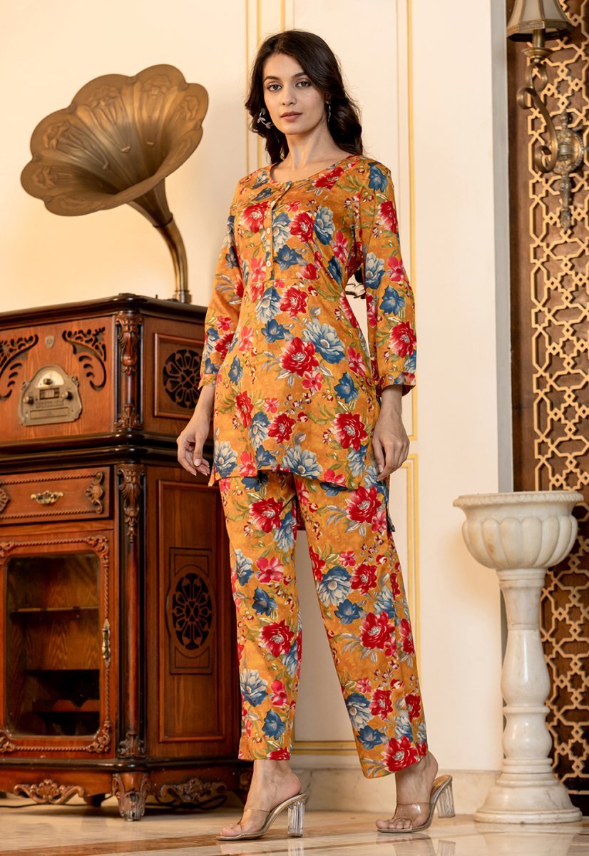 Radiant Orange Floral Printed Butter Cotton Co - Ord Set - swadeshsouq.com