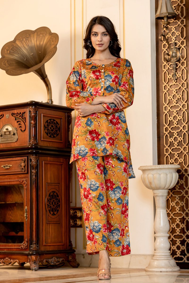 Radiant Orange Floral Printed Butter Cotton Co - Ord Set - swadeshsouq.com