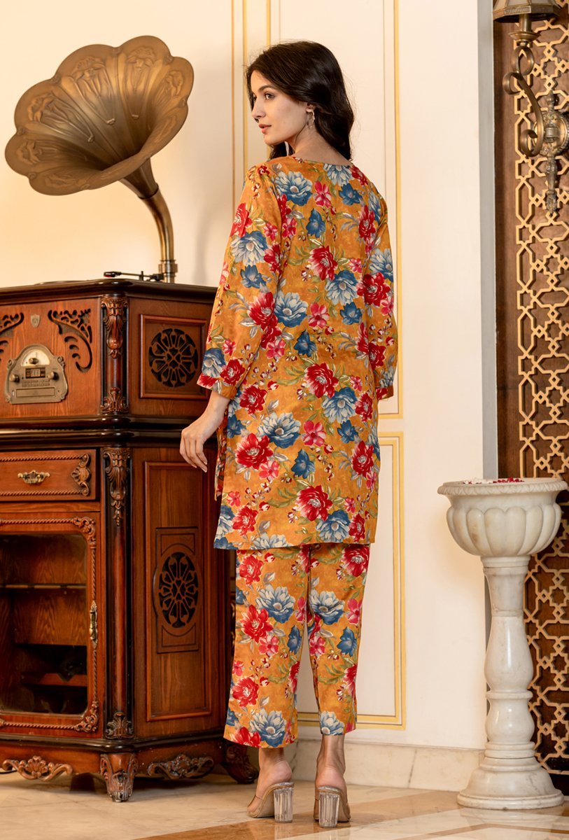 Radiant Orange Floral Printed Butter Cotton Co - Ord Set - swadeshsouq.com