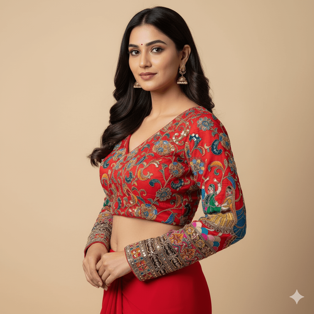 Radiant Red Crepe Designer Blouse with Appliqué & Sequins Work (Size 32–40) - swadeshsouq.com