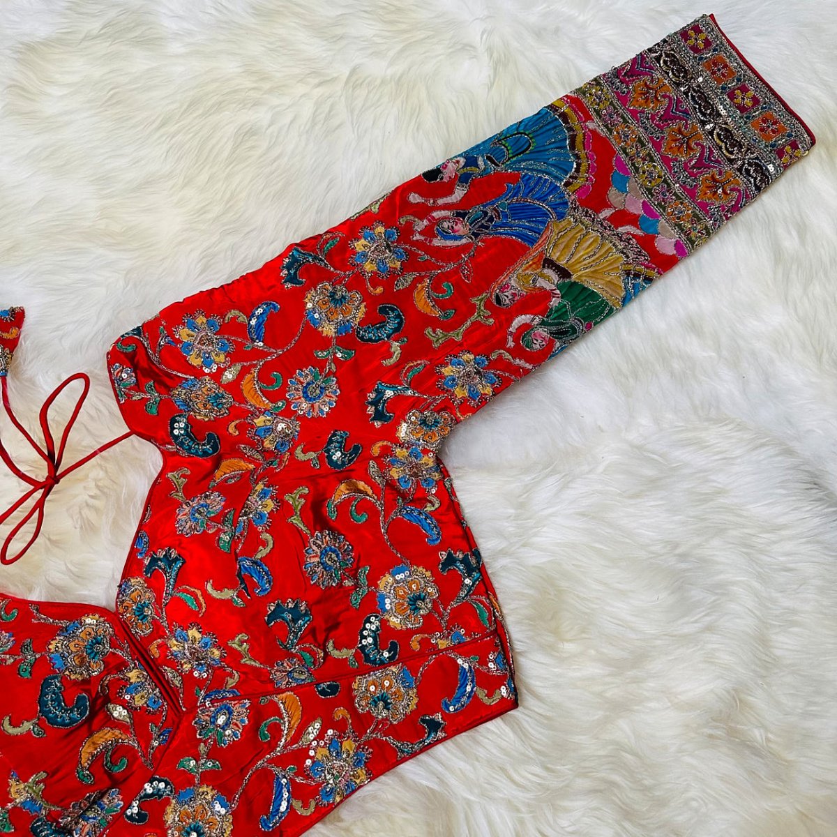 Radiant Red Crepe Designer Blouse with Appliqué & Sequins Work (Size 32–40) - swadeshsouq.com