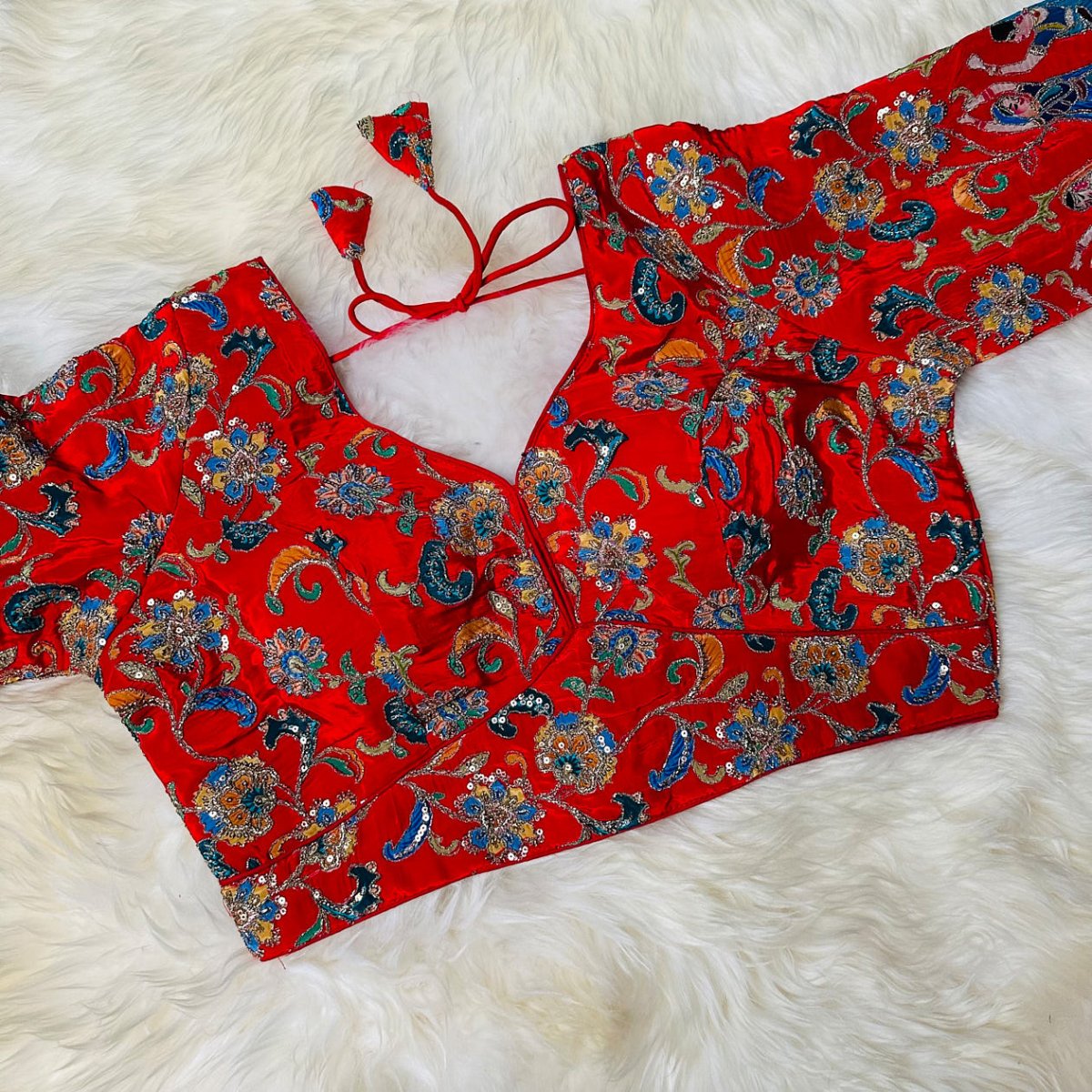 Radiant Red Crepe Designer Blouse with Appliqué & Sequins Work (Size 32–40) - swadeshsouq.com