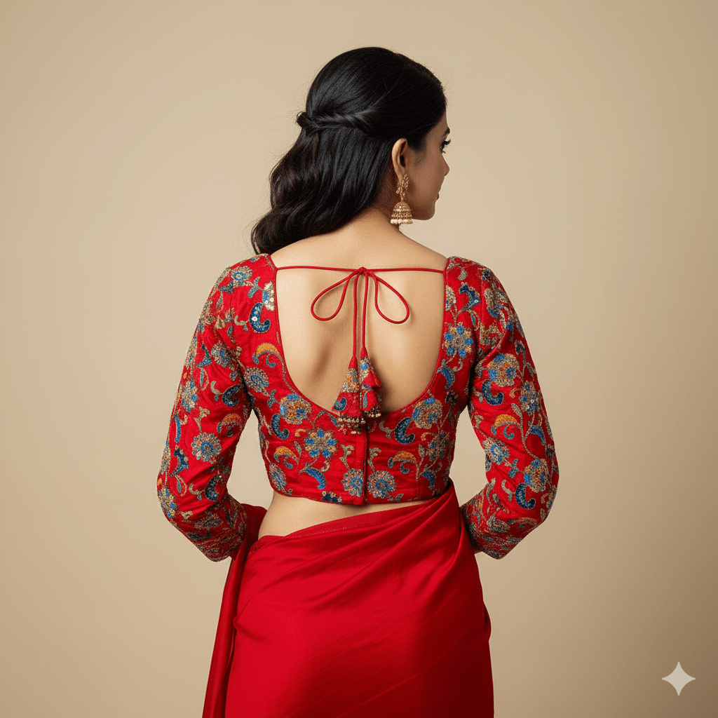 Radiant Red Crepe Designer Blouse with Appliqué & Sequins Work (Size 32–40) - swadeshsouq.com