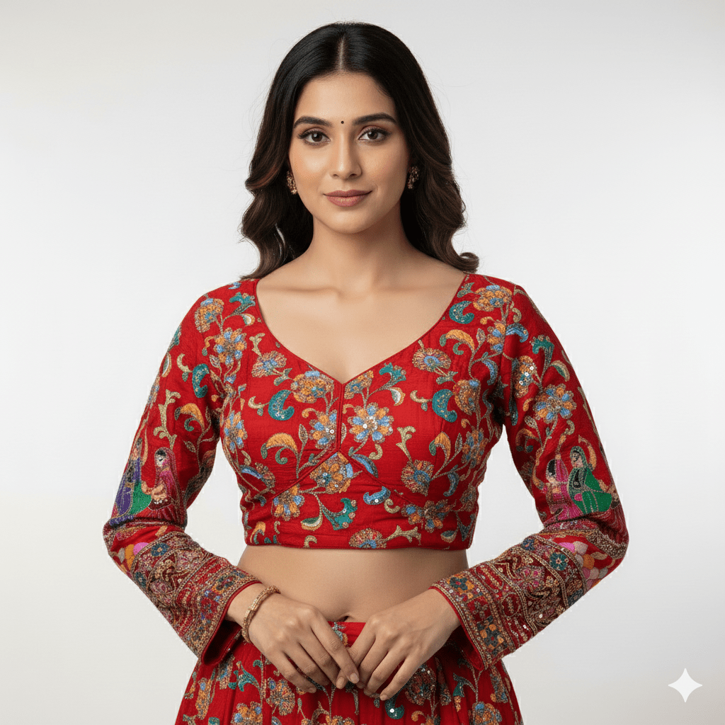 Radiant Red Crepe Designer Blouse with Appliqué & Sequins Work (Size 32–40) - swadeshsouq.com