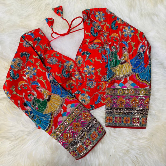 Radiant Red Crepe Designer Blouse with Appliqué & Sequins Work (Size 32–40) - swadeshsouq.com