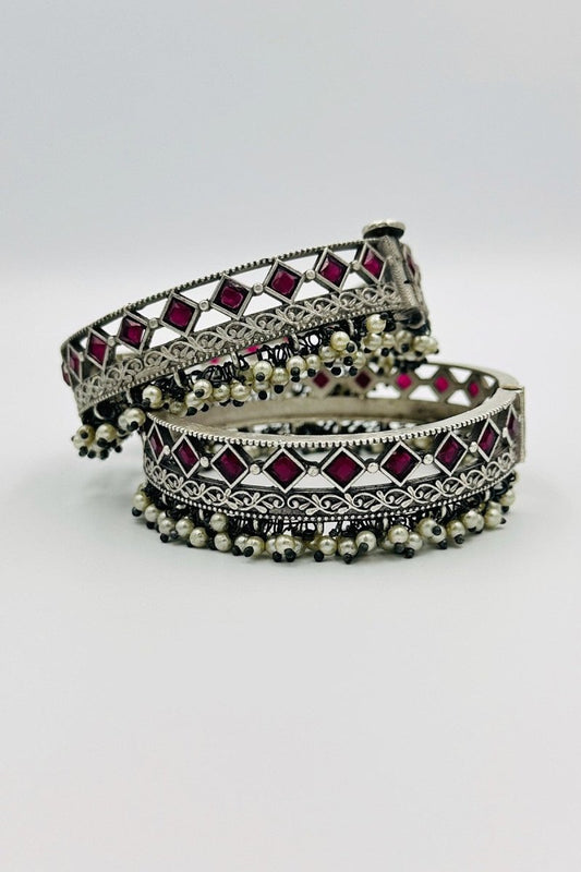 Radiant Silver Bangles with Deep Red Crystal Stones and Pearls - swadeshsouq.com