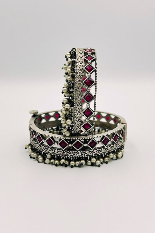 Radiant Silver Bangles with Deep Red Crystal Stones and Pearls - swadeshsouq.com