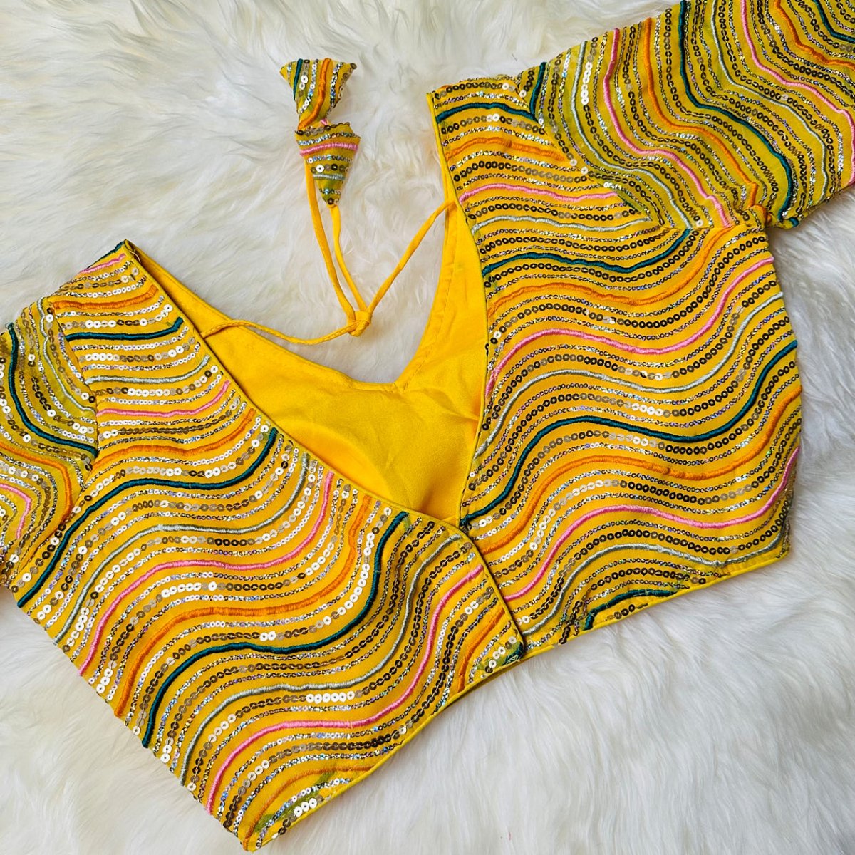 Radiant Yellow Designer Georgette Blouse with All - Over Sequins – Perfect Fit 32 to 38 - swadeshsouq.com