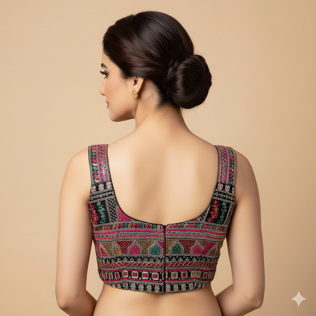 Black Georgette Blouse with All-Over Multicolor Rajasthani Embroidery | Sleeveless (Fits 32–40)