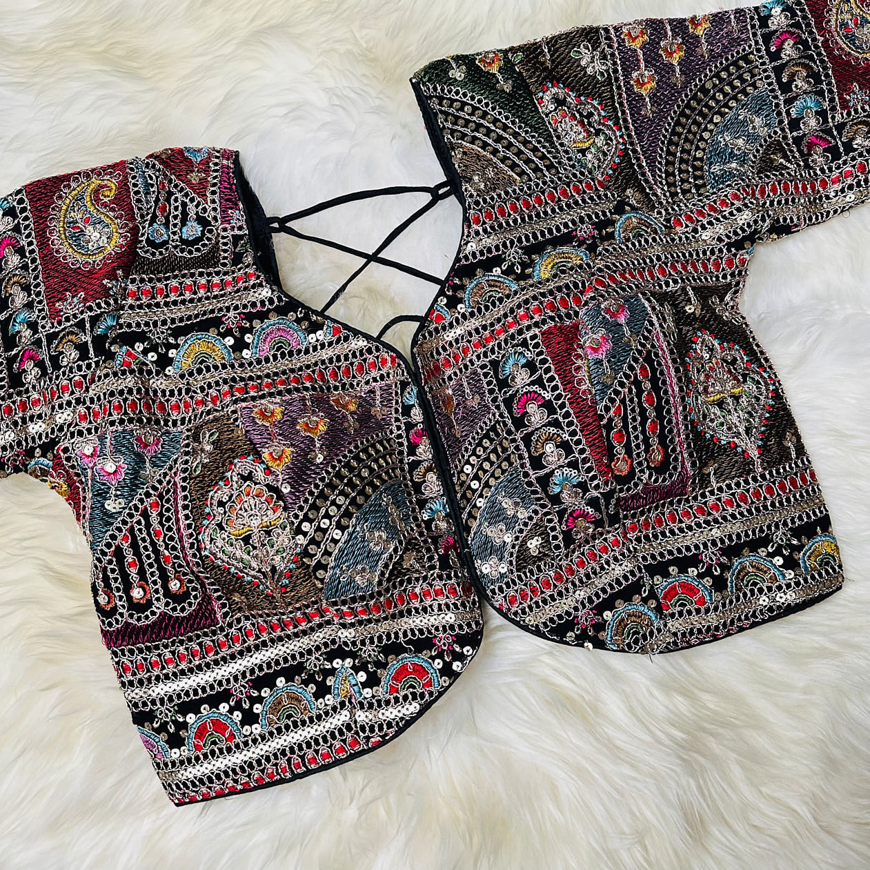 Festive Black Georgette Blouse with Multicolour Embroidery – 7” Sleeves, Laced Back