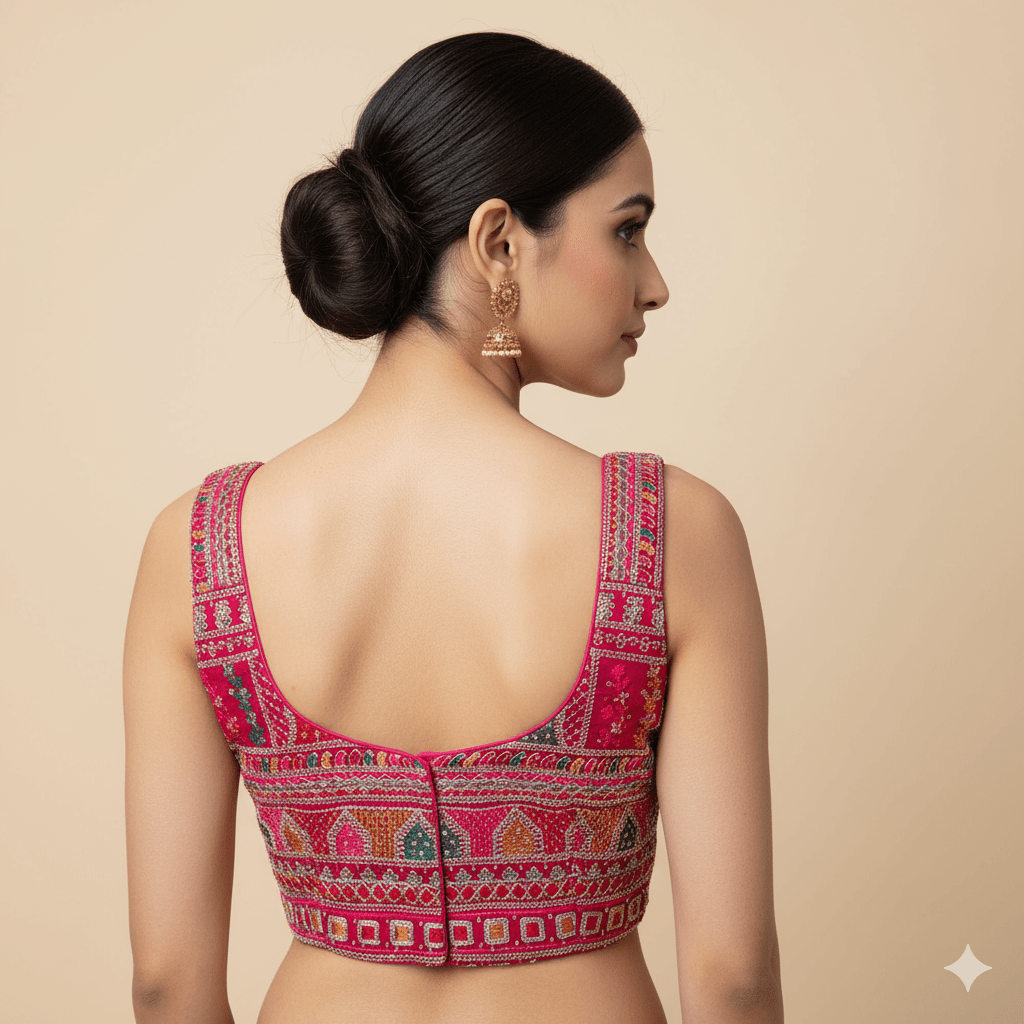 Rani Pink Georgette Blouse with All - Over Multicolor Rajasthani Embroidery | Sleeveless (Fits 32–40) - swadeshsouq.com