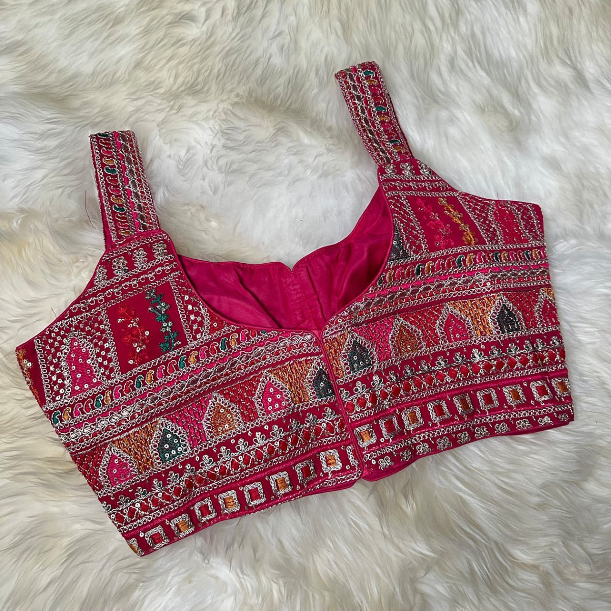 Rani Pink Georgette Blouse with All - Over Multicolor Rajasthani Embroidery | Sleeveless (Fits 32–40) - swadeshsouq.com