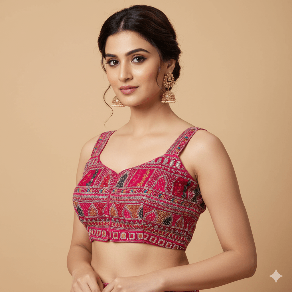 Rani Pink Georgette Blouse with All - Over Multicolor Rajasthani Embroidery | Sleeveless (Fits 32–40) - swadeshsouq.com