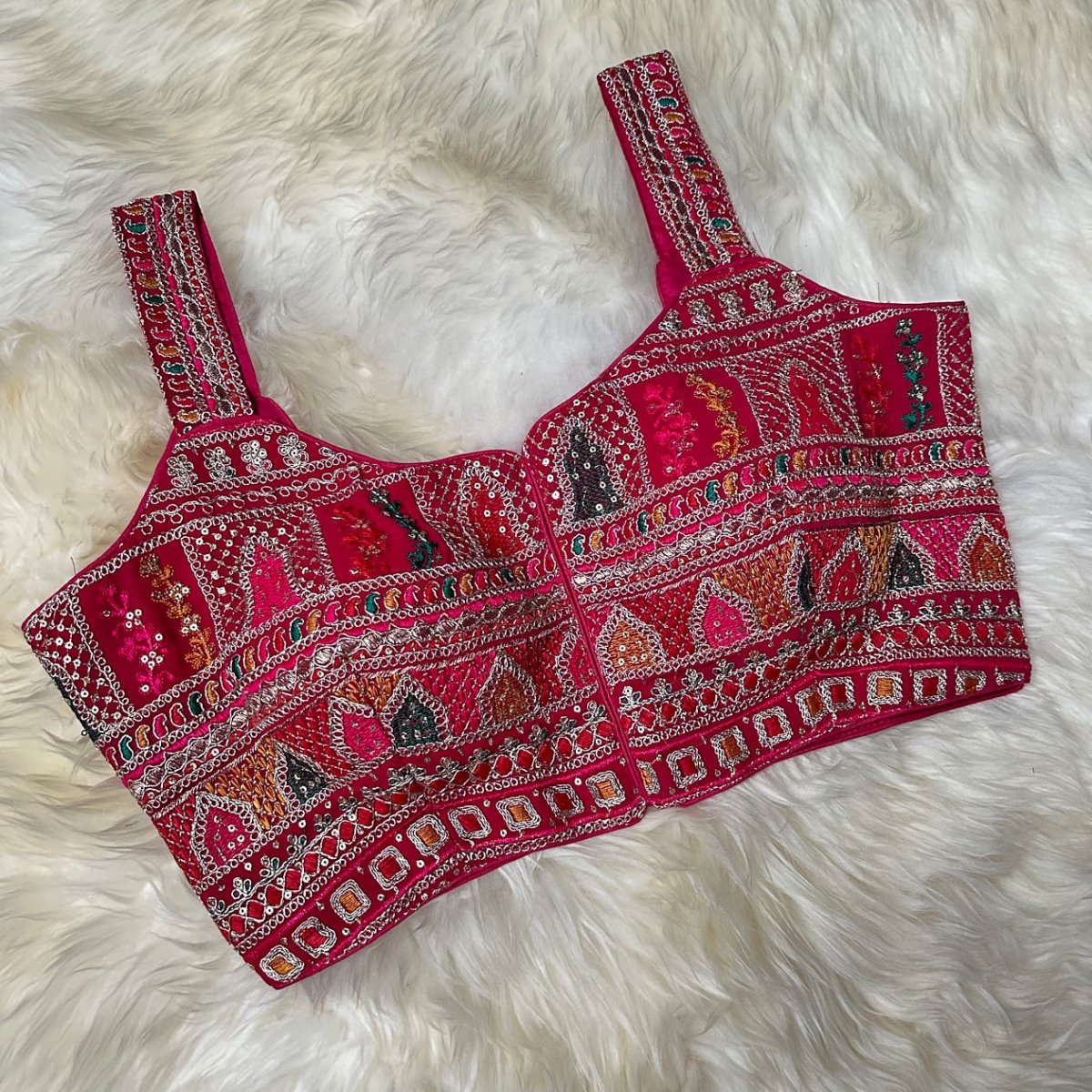 Rani Pink Georgette Blouse with All - Over Multicolor Rajasthani Embroidery | Sleeveless (Fits 32–40) - swadeshsouq.com