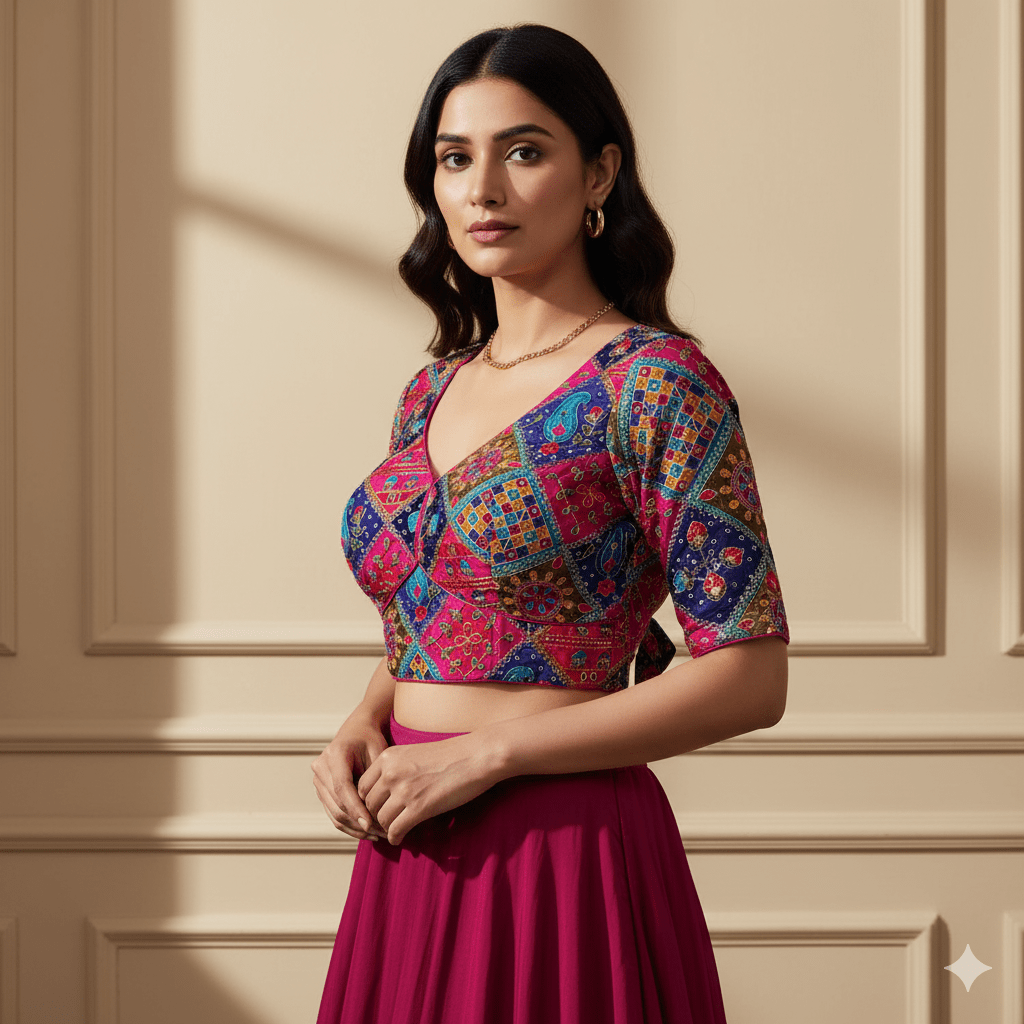 Rani Pink Pure Crepe Blouse with Multi - Coloured Appliqué Work & Mid - Length Sleeves (Size 32–40) - swadeshsouq.com