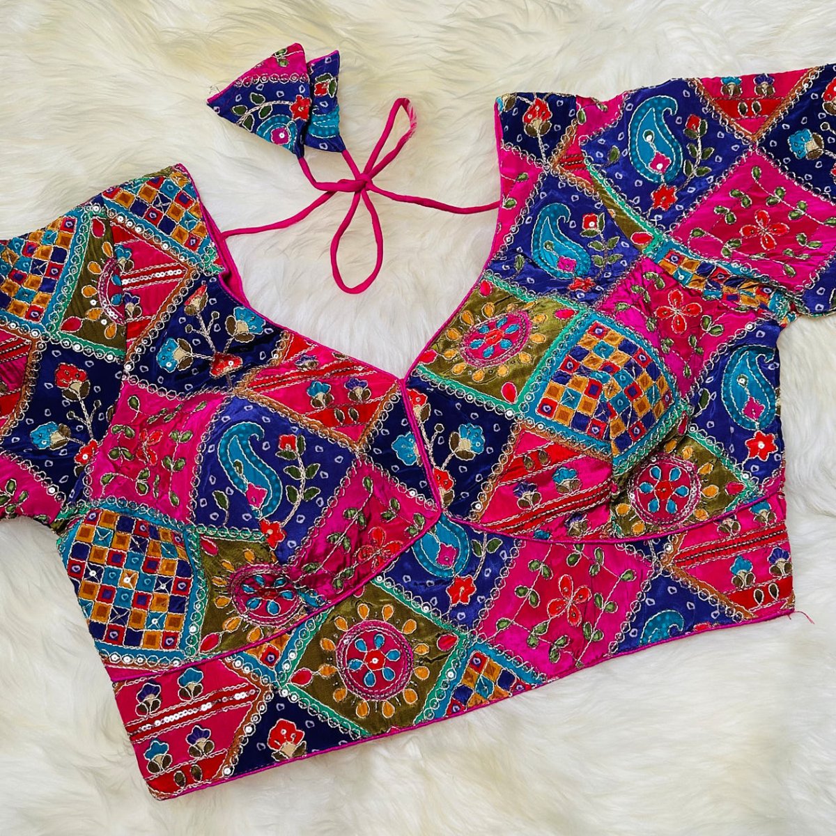 Rani Pink Pure Crepe Blouse with Multi - Coloured Appliqué Work & Mid - Length Sleeves (Size 32–40) - swadeshsouq.com