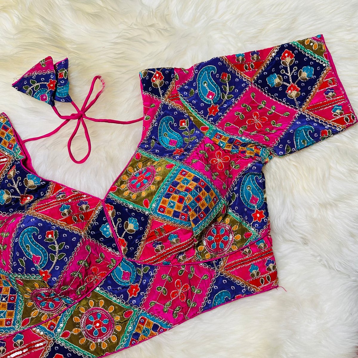 Rani Pink Pure Crepe Blouse with Multi - Coloured Appliqué Work & Mid - Length Sleeves (Size 32–40) - swadeshsouq.com