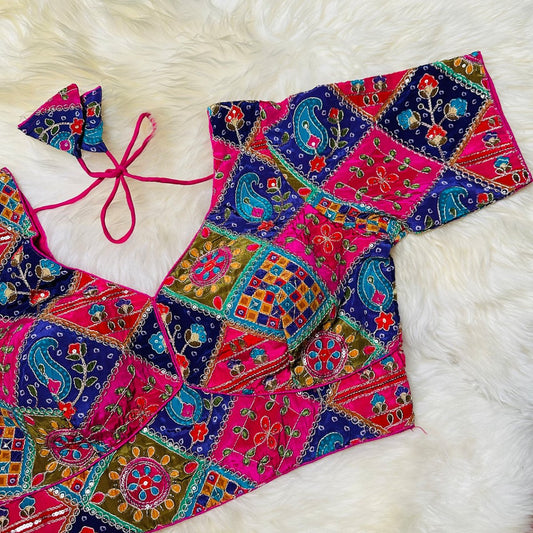 Rani Pink Pure Crepe Blouse with Multi - Coloured Appliqué Work & Mid - Length Sleeves (Size 32–40) - swadeshsouq.com