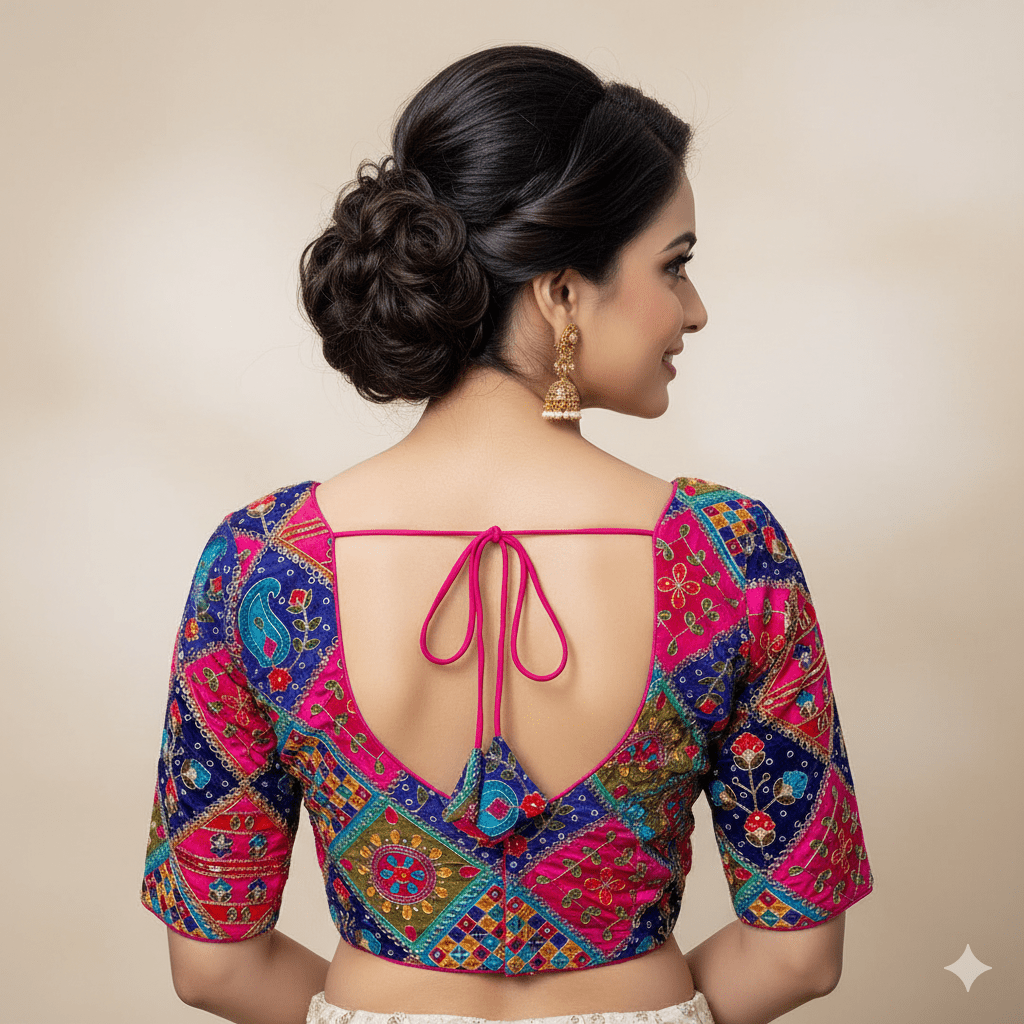 Rani Pink Pure Crepe Blouse with Multi - Coloured Appliqué Work & Mid - Length Sleeves (Size 32–40) - swadeshsouq.com