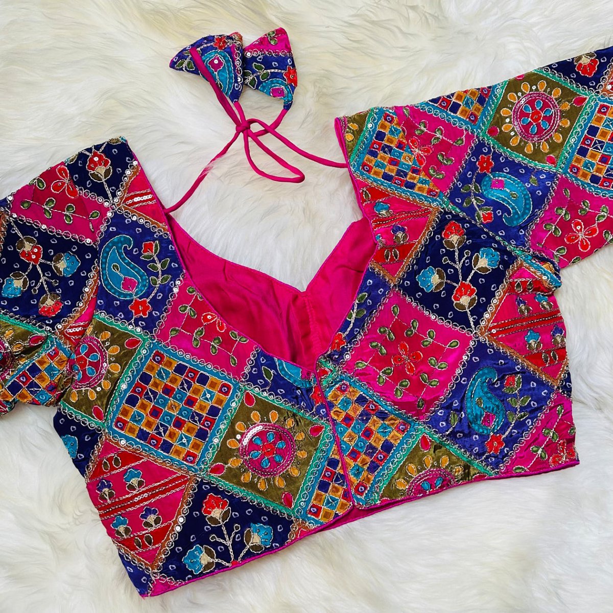 Rani Pink Pure Crepe Blouse with Multi - Coloured Appliqué Work & Mid - Length Sleeves (Size 32–40) - swadeshsouq.com