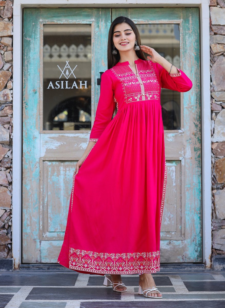 Rayon Printed Pink Side Slit Long Ethnic Dress – Grace in Every Step - swadeshsouq.com