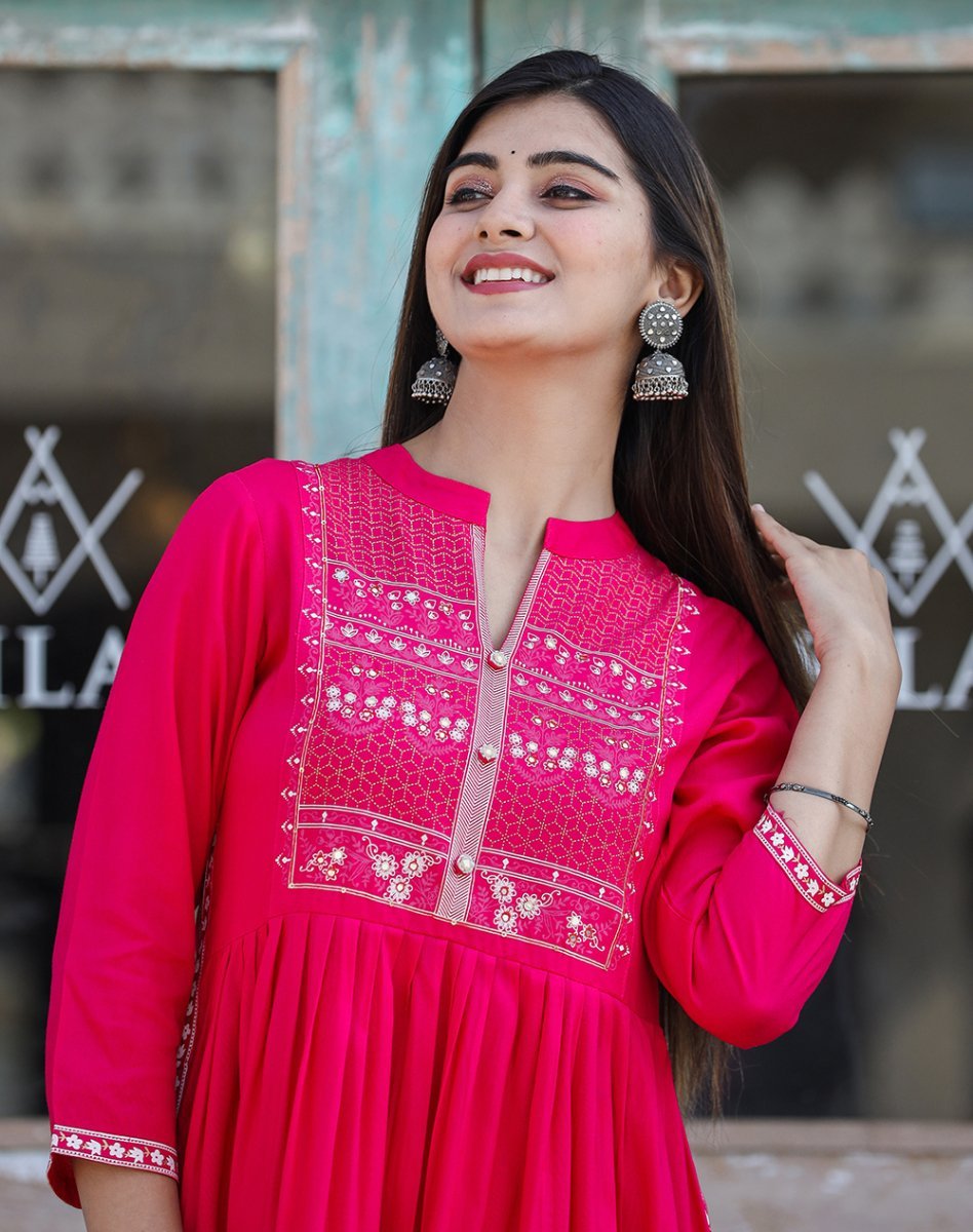 Rayon Printed Pink Side Slit Long Ethnic Dress – Grace in Every Step - swadeshsouq.com