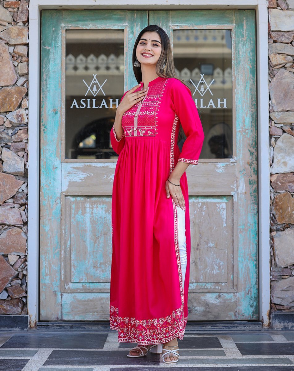 Rayon Printed Pink Side Slit Long Ethnic Dress – Grace in Every Step - swadeshsouq.com