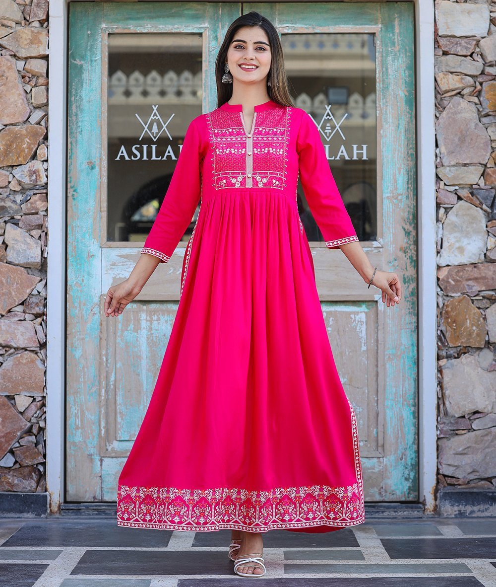 Rayon Printed Pink Side Slit Long Ethnic Dress – Grace in Every Step - swadeshsouq.com